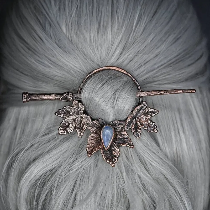 Gothic Women Carved Maple Leaf Creative Moonstone Hairpin Nordic Style Fashion Hair Accessories
