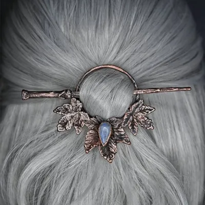 Gothic Women Carved Maple Leaf Creative Moonstone Hairpin Nordic Style Fashion Hair Accessories
