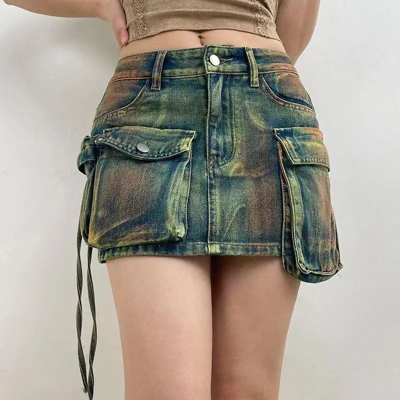 Y2K Retro High Waist Multi-Pocket Denim A-Line Skirt for Women