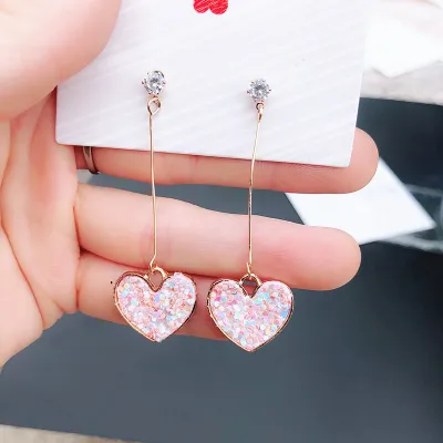 Valentine Day Women Fashion Pink Heart Shaped Sequin Pendant Earrings