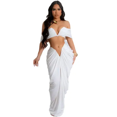 Women Fashion Sexy Strapless Top Creased Skirt Two-Piece Set