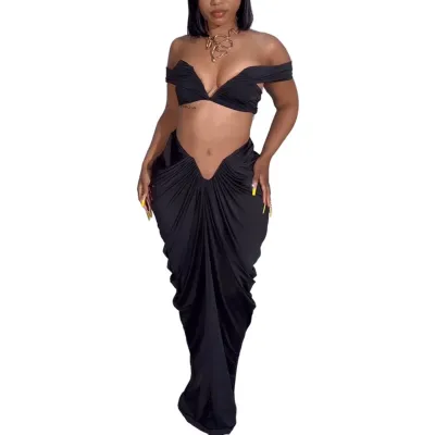 Women Fashion Sexy Strapless Top Creased Skirt Two-Piece Set