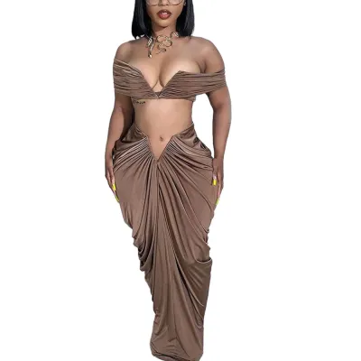 Women Fashion Sexy Strapless Top Creased Skirt Two-Piece Set