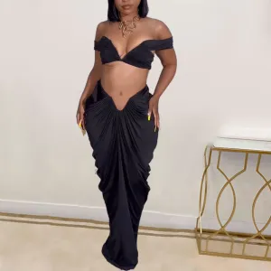 Women Fashion Sexy Strapless Top Creased Skirt Two-Piece Set