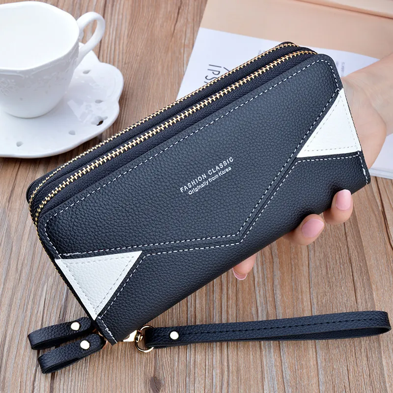 Women Long Sleeve Double Zipper PU Wallets Urban Simplicity Solid Color