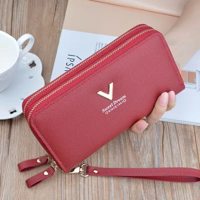 Women Fashion Urban Simplicity Litchi Pattern Double Zipper Long Wallet
