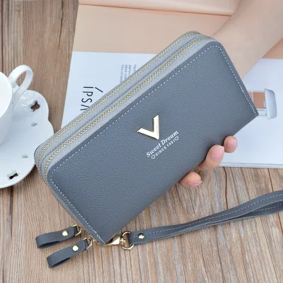 Women Fashion Urban Simplicity Litchi Pattern Double Zipper Long Wallet