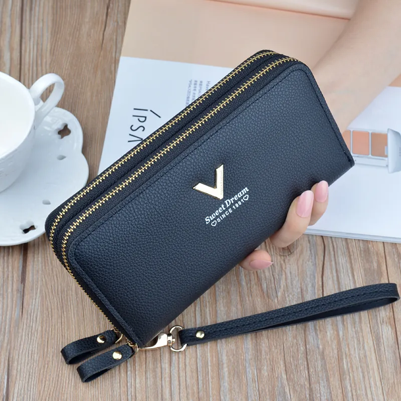 Women Fashion Urban Simplicity Litchi Pattern Double Zipper Long Wallet