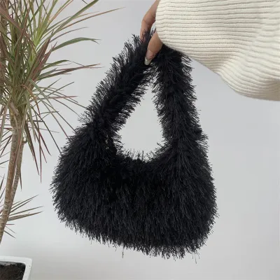 Autumn Winter Women Fashion Soft Plush Solid Color Handbag Small Square Bag