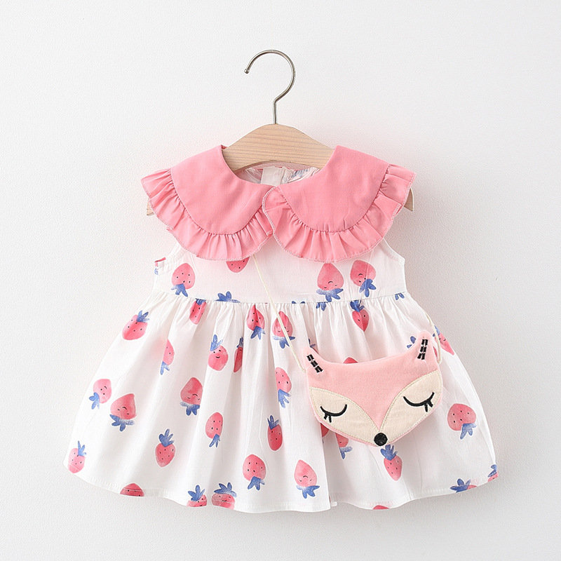 Kids Baby Girls Casual Cute Strawberry Floral Sleeveless Lapel Dress