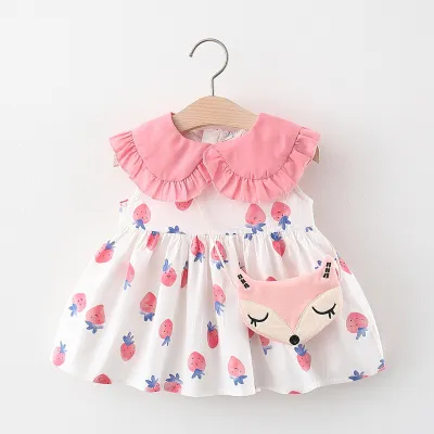 Kids Baby Girls Strawberry Floral Sleeveless Lapel Princess Dress Cotton
