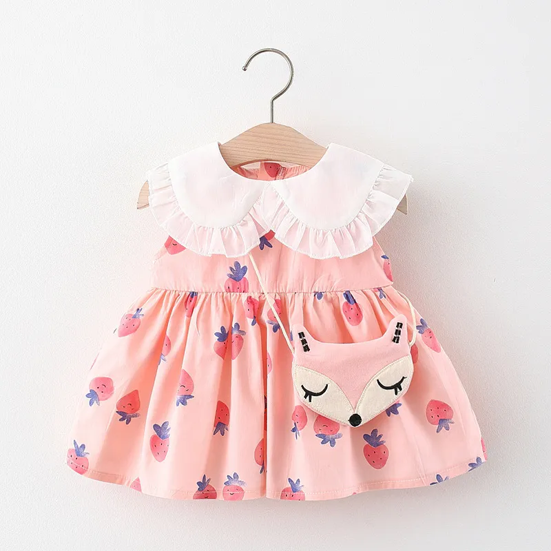 Kids Baby Girls Strawberry Floral Sleeveless Lapel Princess Dress Cotton
