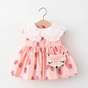 Kids Baby Girls Strawberry Floral Sleeveless Lapel Princess Dress Cotton