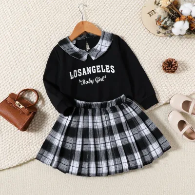 Girls Fashion Plaid Print Long Sleeve Two-Piece Skirt Suit Set Cotton Pullover