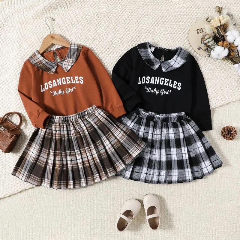 Girls Fashion Plaid Print Long Sleeve Two-Piece Skirt Suit Set Cotton Pullover