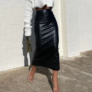Women Fashion Retro Solid Color Skinny Back PU Split Skirt