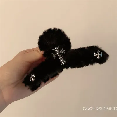 Y2k Autumn Winter Women's Fashion Black Plush Cross Hair Claws