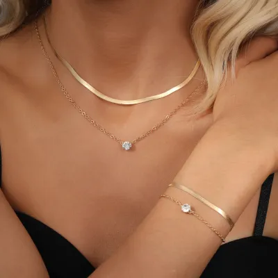 Women Fashionable Simple Double Layer Stacked Rhinestone Necklace Bracelet Set