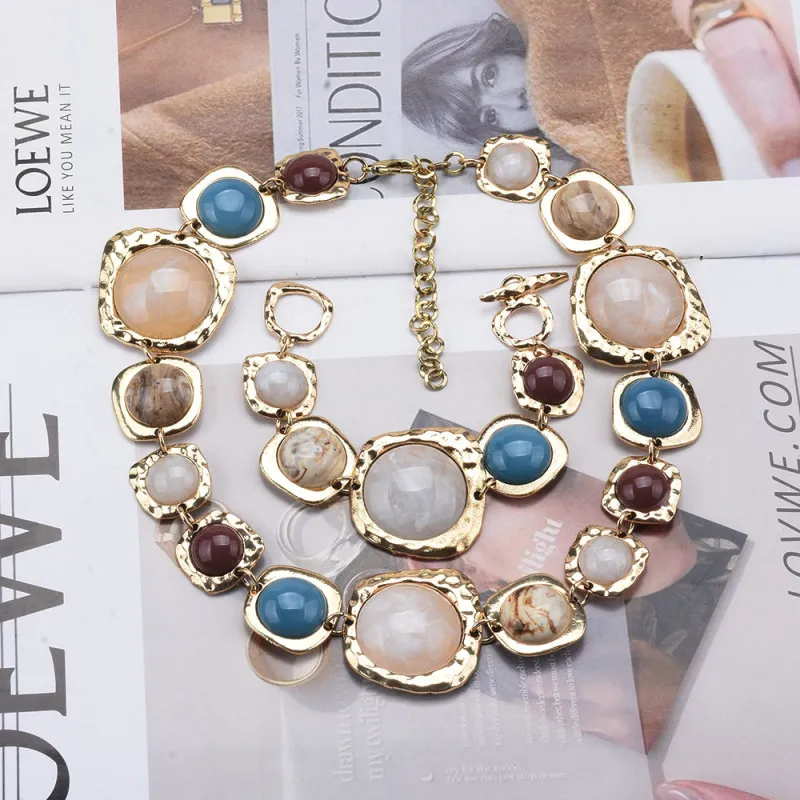 Women Vintage Geometric Alloy Stone Bracelet Necklace Set