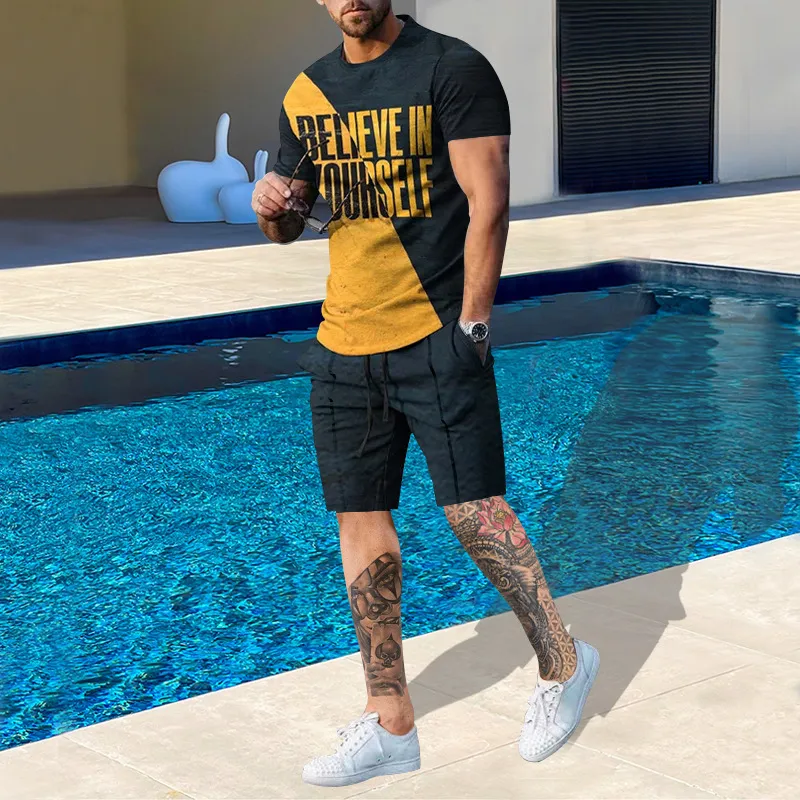 Men Fashion Casual Plus Size 3D Print Short Sleeve Round Neck T-Shirt Shorts Sets