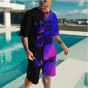 Men Fashion Casual Plus Size 3D Print Short Sleeve Round Neck T-Shirt and Shorts Set