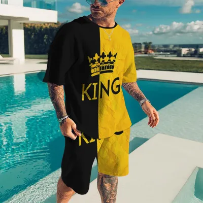 Men Fashion Casual Plus Size 3D Print Short Sleeve Round Neck T-Shirt and Shorts Set