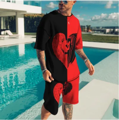 Men Fashion Casual Plus Size 3D Print Short Sleeve Round Neck T-Shirt and Shorts Set