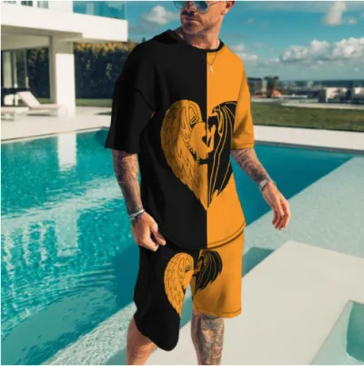 Men Fashion Casual Plus Size 3D Print Short Sleeve Round Neck T-Shirt and Shorts Set
