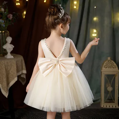 Kids Toddler Big Girls Cute Solid Sleeveless Backless Bow Pearl U Neck Mesh Tutu Princess Dress