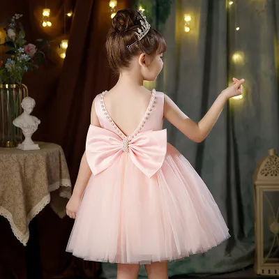 Kids Toddler Big Girls Cute Solid Sleeveless Backless Bow Pearl U Neck Mesh Tutu Princess Dress