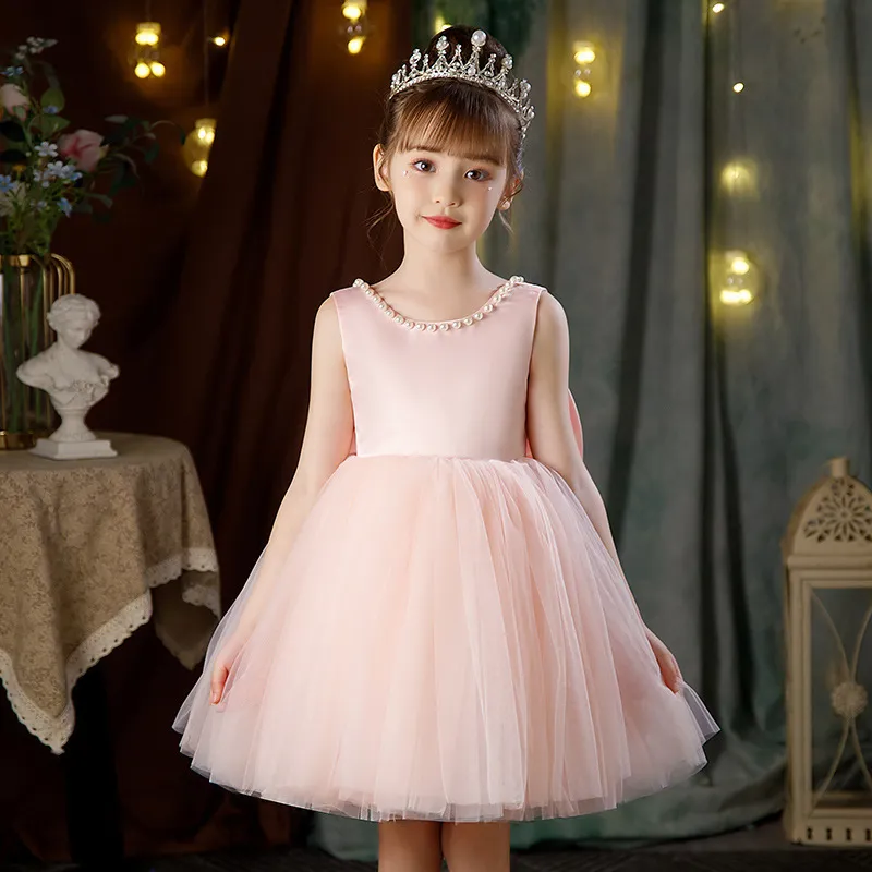 Kids Toddler Big Girls Cute Solid Sleeveless Backless Bow Pearl U Neck Mesh Tutu Princess Dress