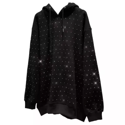 Women Fashionable Loose Plus Size Rhinestone Long Sleeve Hooded Sweatshirt