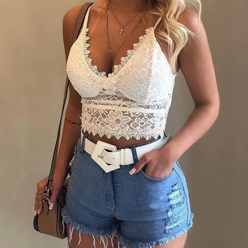 Women Sexy Deep V Hollow Lace Camisole Tank Top