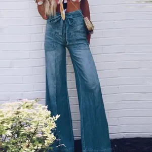 Plus Size Women Casual Lace-Up Washed Denim Wide-Leg Pants Jeans