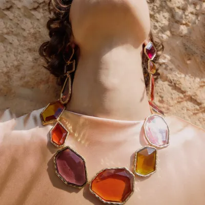 Women Fashion Creative Geometric Transparent Multicolor Acrylic Rhinestone Necklace Earrings Set