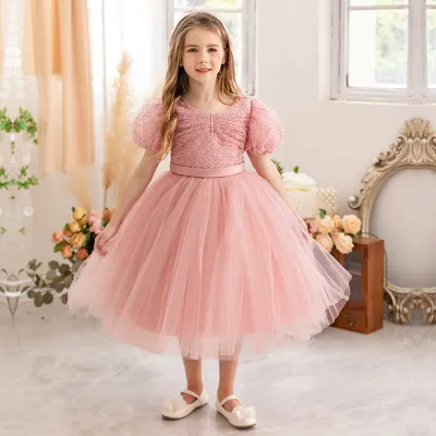 Kids Toddler Girls Fashion Mesh Puff Sleeve Round Neck Tutu Princess Party Dress