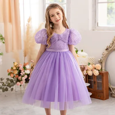Kids Toddler Girls Fashion Mesh Puff Sleeve Round Neck Tutu Princess Party Dress