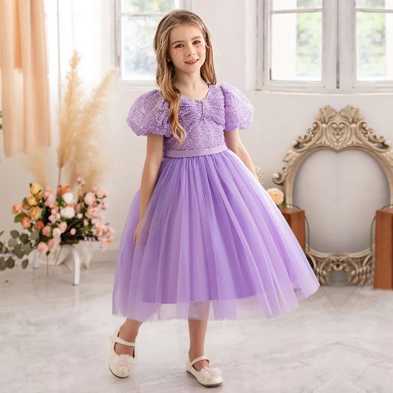 Kids Toddler Girls Fashion Mesh Puff Sleeve Round Neck Tutu Princess Party Dress