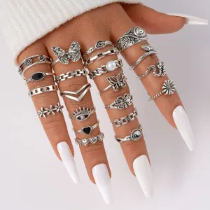 Women Creative Retro Butterfly Heart-Shaped Floral Alloy Ring 21-Set
