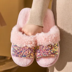 Autumn And Winter Women Fashion Plus Size Sequin Plush Home Slippers