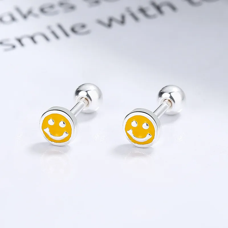 Women 925 Sterling Silver Smiley Face Geometric Fashion Simple Stud Earrings