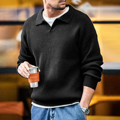 Men Autumn And Winter Vintage Lapel Knitted Long Sleeve Polo Sweater