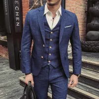 Men Spring Autumn Fashion Casual Commuter Stripe Plaid Long Sleeve Lapel Blazer
