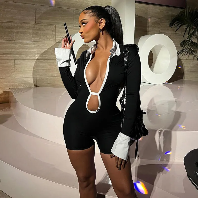 Y2K Women Fashion Hollow Deep V-Neck Lapel Shirt Backless Strap Long Sleeve Rompers