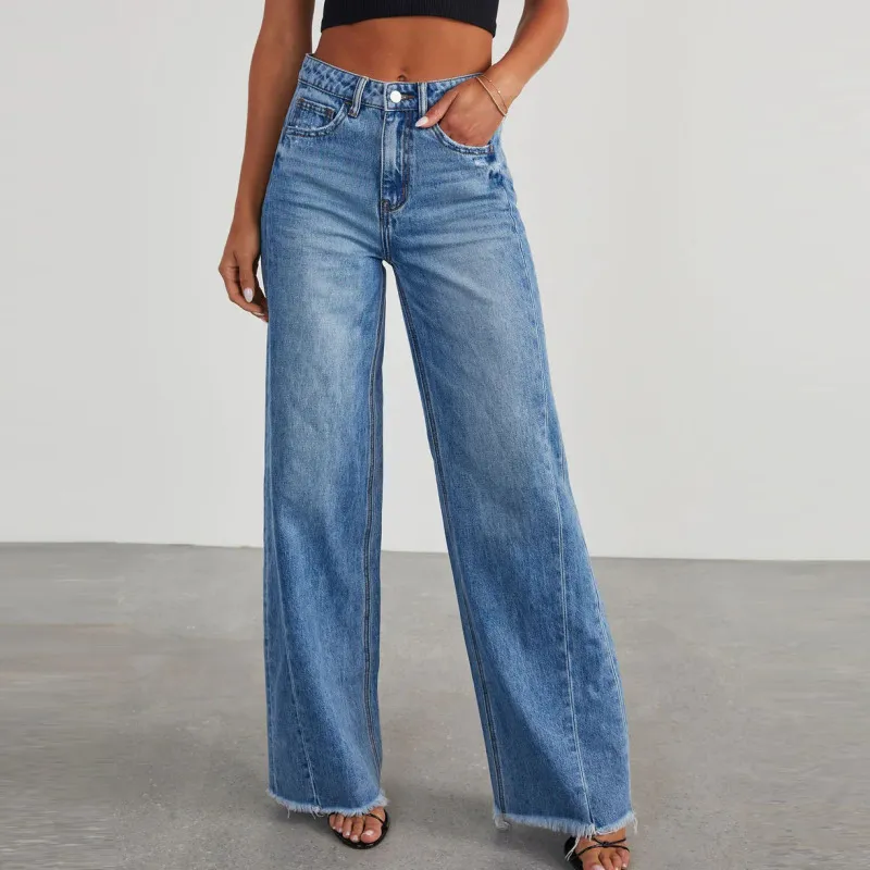 Women Casual Loose Stitching Grinding Wide Leg Jeans