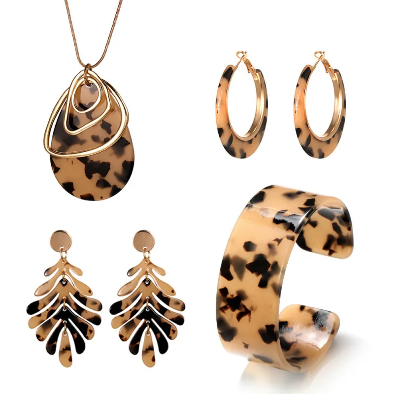 Women Fashion Acetate Acrylic Leopard Leaf Earrings Necklace Bracelet Set