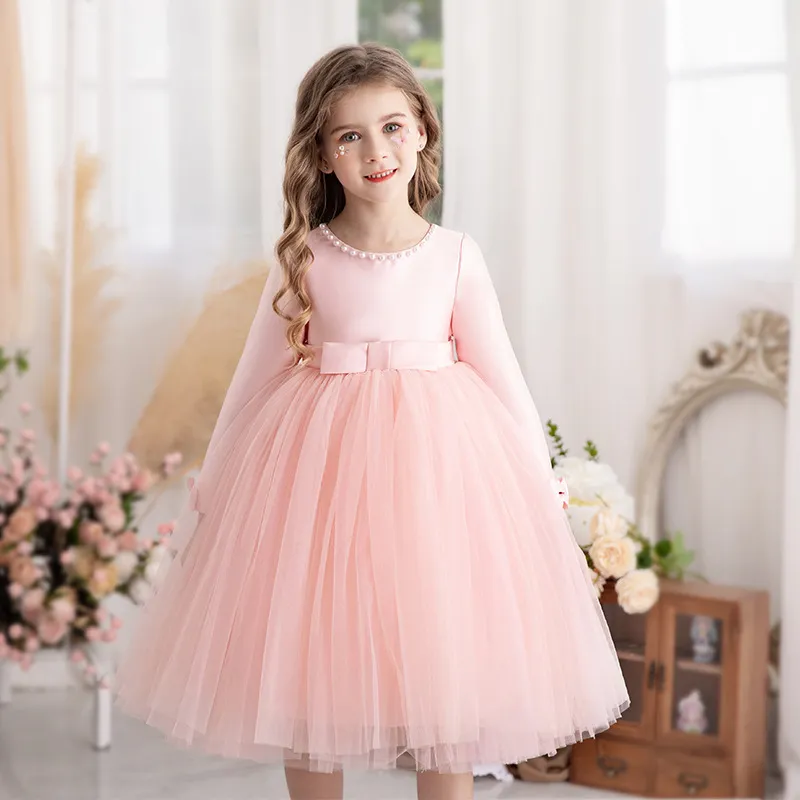 Kids Toddler Big Girls Casual Party Solid Color Mesh Long Sleeve Pearl Round Neck Tutu Princess Dress