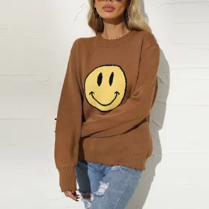 Autumn And Winter Women Fashion Hole Smiley Crewneck Long Sleeve Knitted Sweater