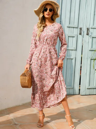 Women Casual Floral Print Round Neck Long Sleeve Maxi Dress