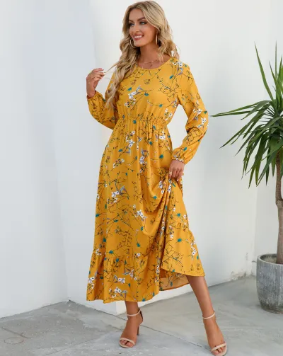 Women Casual Floral Print Round Neck Long Sleeve Maxi Dress